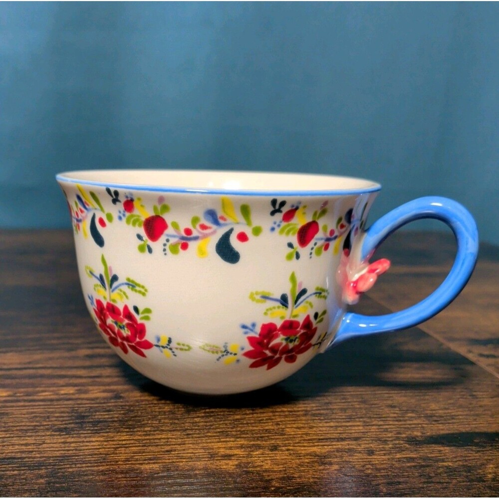 Anthropologie Cadiz Floral Ceramic Coffee Mug Blue Handle with 3D Flower